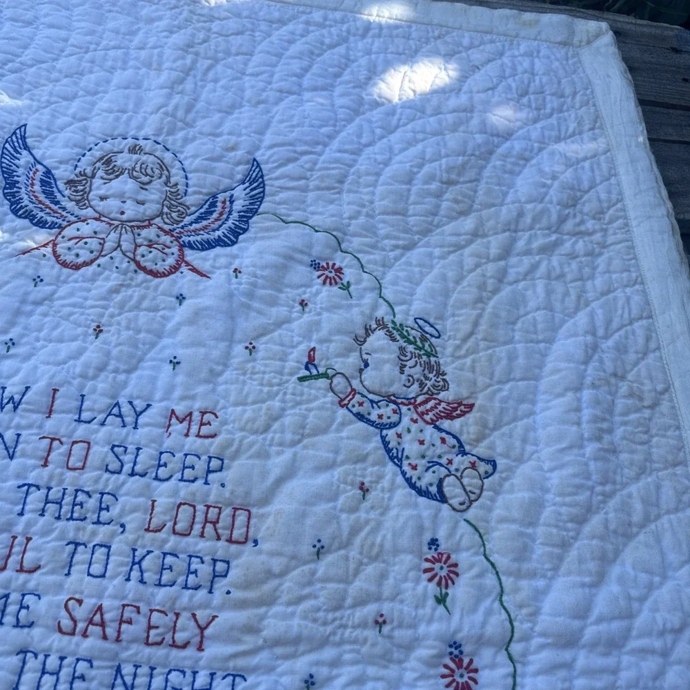 VTG Baby Crib Prayer Blanket 33x46 Angels Now I Lay Me Down To Sleep Embroidered